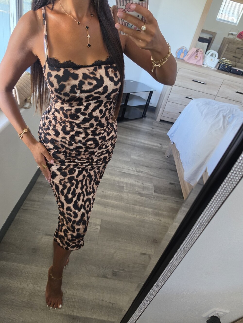 Leopard Print Slip Midi Dress - Nude/Black Very Stretchy - Picture 15 of 17
